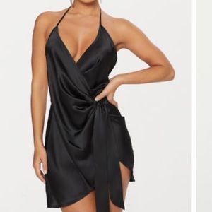 Black satin wrap body dress